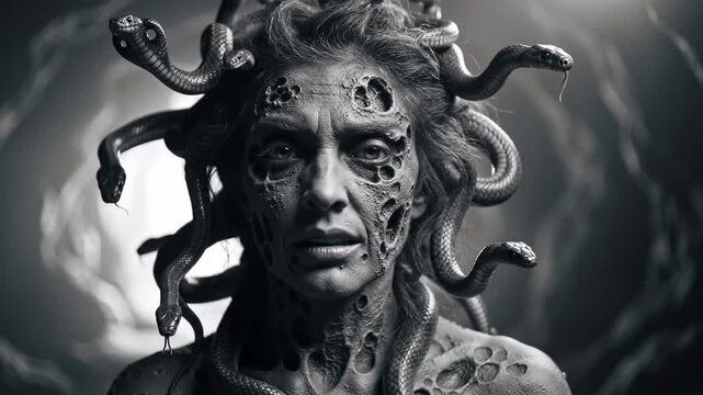 Dark cinematic portrait of Medusa with stone-textured skin and snake hair, mythological gorgon figure with haunting gaze