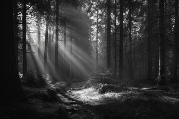 Obraz premium A winter forest landscape with a misty morning light filtering through the trees, a cold path winding through the woods.