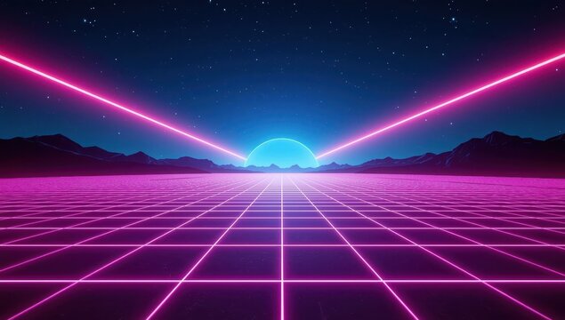 A vibrant, futuristic landscape unfolds, featuring a gridded plane under a night sky, illuminated by neon pink laser beams and a light blue sun.