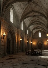 Fototapeta premium Majestic interior of a medieval hall showcasing gothic architecture with illuminated arches and aged stone work