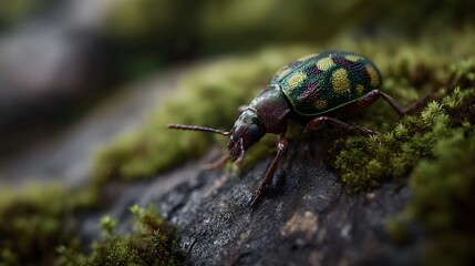 Close up view of a vibrant spotted beetle resting on a moss covered rock in nature