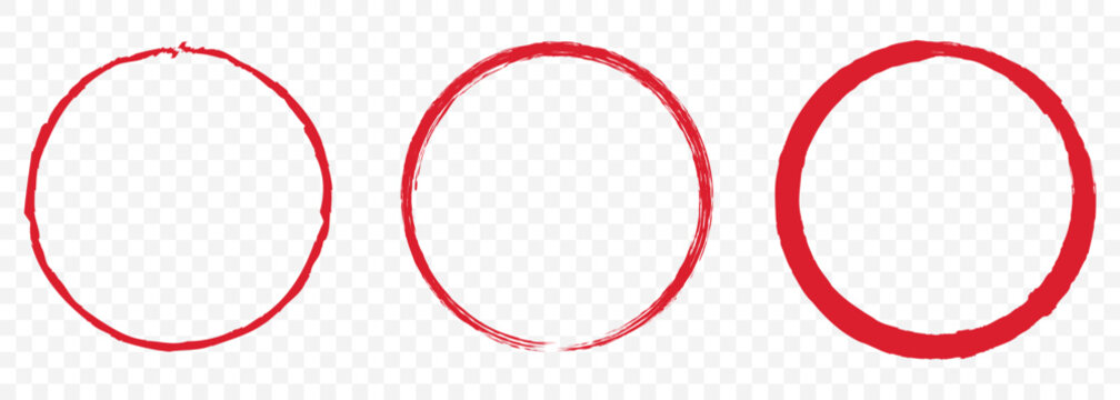 Grunge circles brush set. red circle frames. Round line of red paint. Grunge round shapes. Abstract Hand-Drawn Circle Frames – Red  Ink Art. EPS 10.