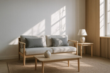Minimalist Scandinavian living room with wooden sofa, neutral tones, and soft sunlight for modern home design inspiration