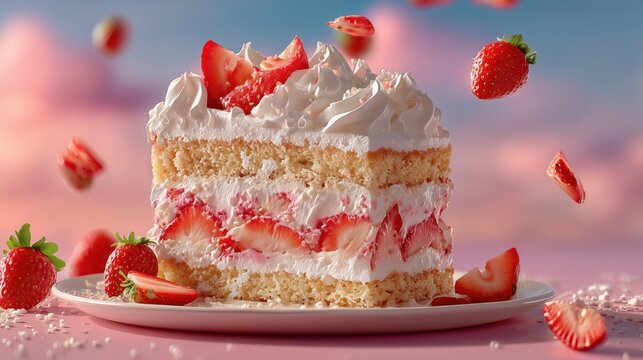 Layered shortcake with fresh strawberries and whipped cream, with falling berries and sprinkles

