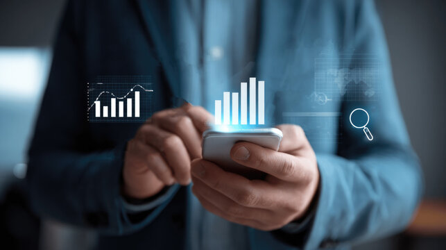 Person using smart cell mobile phone, digital graphs, analytics visuals. Dynamic display, modern data. Key performance indicators, growth and progress. Business, finance, technology. Marketing, report
