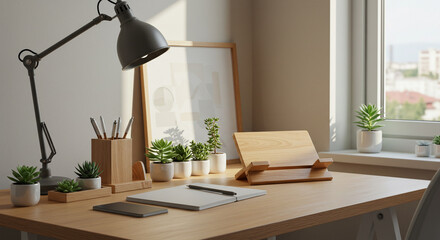 Serene modern desk setup with plants and natural light creating a calm, productive workspace vibe