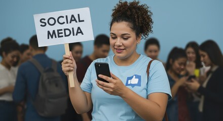 Social Media Sign and Phone: A young woman holds a sign and phone amidst a crowd, epitomizing the digital age's connection and communication. She focuses on her phone