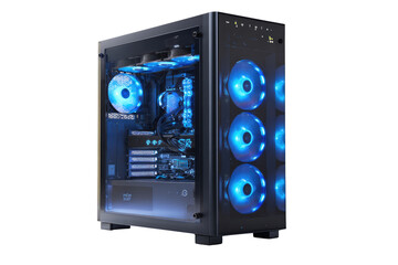 A modern computer case, highlighted by vibrant blue LED lighting.  Visible components include multiple fans, a motherboard, and storage drives