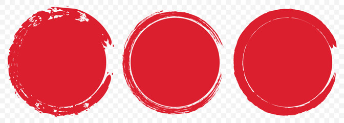 Grunge Ink Red Circle Brush Stroke and Fill Set &ndash; Red and Black Enso Style on Transparent Background. EPS 10.