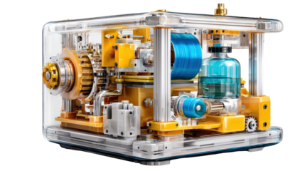 Precision Mechanics: A detailed view of complex machinery encased in transparent casing, showcasing intricate parts and engineering design. 