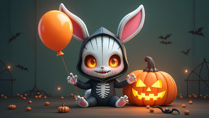 Halloween, cartoon illustration style. Bunny rabbit with pumkin, halloween background