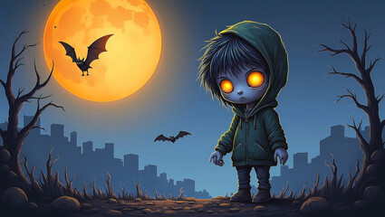Halloween, cartoon illustration style. A spooky forest sunset with a haunted evil glowing eyes of on a scary halloween night, halloween background