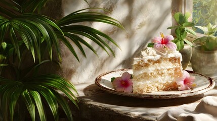 A slice of layered coconut cream cake adorned with hibiscus flowers presented on a rustic plate with tropical foliage and soft sunlight