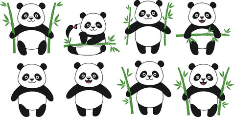 Cute cartoon panda illustration, adorable baby panda with bamboo, funny panda bear drawing, happy wildlife animal art for kids design © Hey There