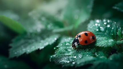 Fototapeta premium ro view of a red ladybug with black spots crawling on a wet green leaf illuminated by soft morning sunlight and bokeh