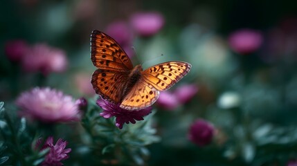 Obraz premium An orange butterfly with black spots rests delicately on a vibrant purple flower in a garden