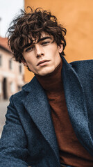Fototapeta premium A young man with curly hair poses confidently outdoors, wearing a stylish blue coat and a brown turtleneck, against an orange wall in an urban setting