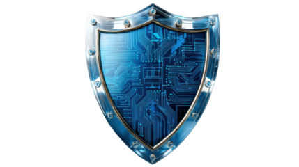 Digital Shield: A gleaming metallic shield, its surface overlaid with a futuristic circuit board design, stands as a symbol of digital security, innovation and protection. 