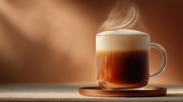 Glass cup of hot coffee with thick foam on wooden coaster and warm soft background

