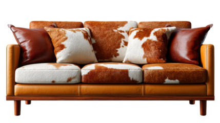 Leather Sofa with Accent Pillows: A modern leather sofa with striking cowhide and leather accent pillows, capturing the essence of luxury and comfort in a cozy home.