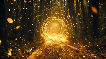 Magical autumn path glowing with light and falling leaves.