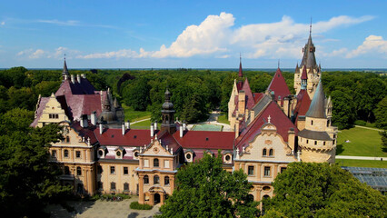 Obraz premium Moszna Castle fly over landscape view from above architecture near the village Moszna Poland