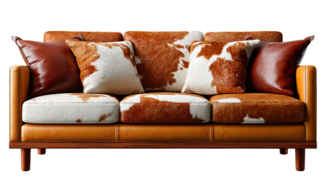 Leather Sofa with Accent Pillows: A modern leather sofa with striking cowhide and leather accent pillows, capturing the essence of luxury and comfort in a cozy home.