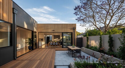 Obraz premium Contemporary House Extension: Modern Architectural Design with Outdoor Deck and Landscaping