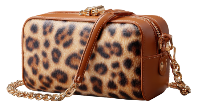 Leopard Print Handbag: A stunning handbag adorned with a captivating leopard print design, exuding a sense of luxury and stylish flair. Featuring a sleek shape, golden chain, and meticulous detailing.