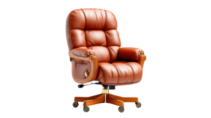 Executive's Haven: A luxurious, high-backed office chair, crafted from rich brown leather and polished wood, epitomizes authority and comfort in a professional setting.