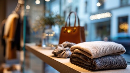 Folded wool cozy sweaters and knitted scarf on a shelf in a luxury boutique with a blurred leather handbag in the background. Background for fashion, retail, casual and seasonal themes