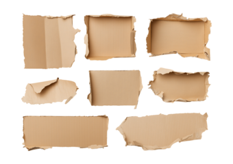 A versatile collection of torn corrugated cardboard pieces, including flat scraps and box-like frames isolated on a transparent background