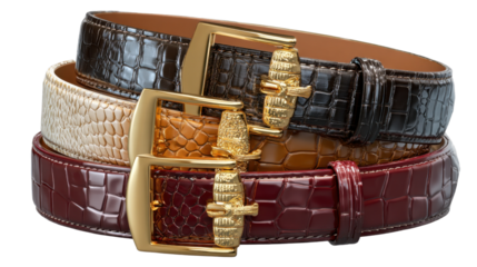 Belt stack: A collection of finely crafted leather belts, each showcasing distinct textures and colors. These elegant accessories exemplify timeless style and luxury. 