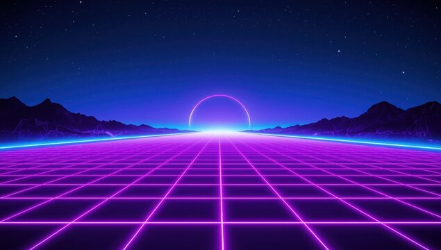 A vibrant, futuristic landscape stretches into a glowing, circular sunrise, outlined by a grid of neon pink lines.