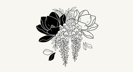 Artistic floral illustration featuring contrasting magnolia and wisteria flowers.