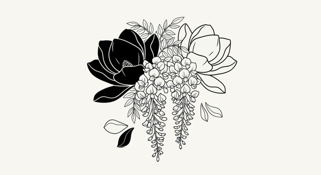 Artistic floral illustration featuring contrasting magnolia and wisteria flowers.