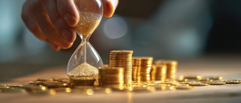 The hourglass symbolizes the balance between time and financial growth.