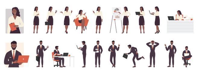 Cartoon isolated dark skin busy businessman businesswoman office outfit, corporate managers working and talking phone, running with briefcase and walking. Business people pose set vector illustration.