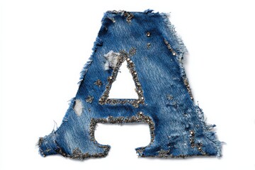 Rough denim letter A with frayed edges and reinforced seams, vintage typography patch on white