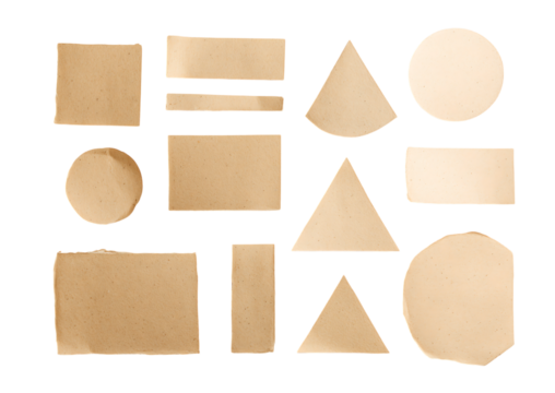 A versatile collection of various geometric and organic shapes cut from light brown, textured kraft paper isolated on a transparent background