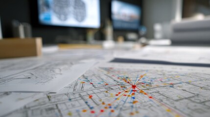 Focused glimpse of coordination clash points marked in BIM software with blurred 3D model and design documents behind.