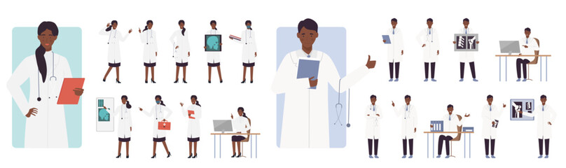 Cartoon isolated dark skin man woman wearing medical robes holding stethoscopes, examine x-ray patient lungs and stomach, carrying a first aid box. Doctors activity poses set flat vector illustration