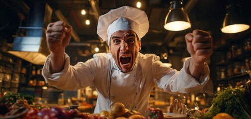 The passionate chef expressing intense emotions in a bustling kitchen environment.