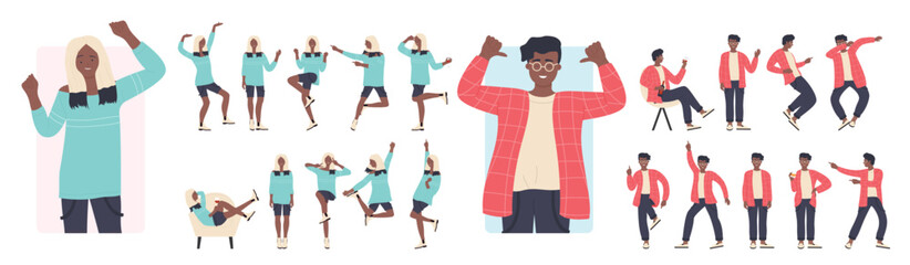 Cartoon happy dancer male female characters dancing different poses, active stylish partygoers enjoying fun party time isolated. Young dark skin man woman poses on dance party vector illustration set.