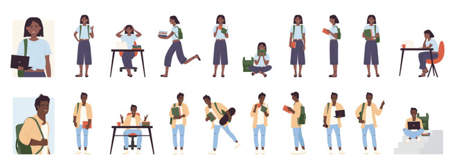 Cartoon student dark skin male female holding coffee cup, posing with book to study, walking, running with skateboard isolated. Man and woman young students poses infographic vector illustration set © Flash Vector