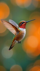 Fototapeta premium A radiant hummingbird hovers among colorful blurred backgrounds evoking wonder