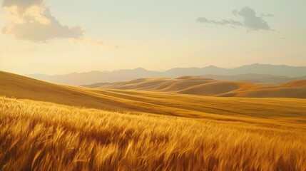 Fototapeta premium Golden wheat field landscape with hills and mountains at sunset, nature view
