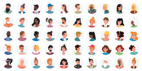Obraz premium Set of portraits, avatars, icons people, male female expressing emotions. Laughter joy, smile calmness. Diversity of personages, multiethnic society. Modern stylish diverse people vector illustration
