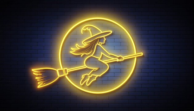 Glowing neon sign of flying witch on broomstick spooky halloween symbol magical night sky scene festive seasonal decoration artwork background illustration