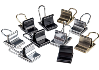 Assorted metal curtain clips arranged in a circle